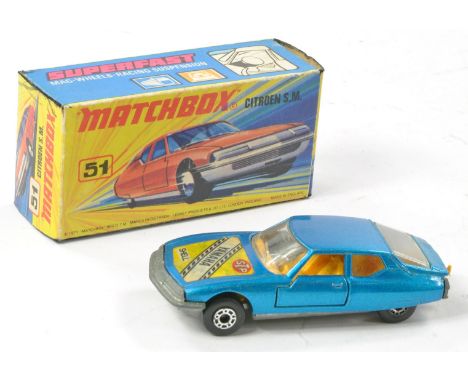 Matchbox Superfast No. 51b Citroen SM twin pack issue. Lighter Metallic Blue, yellow interior, unpainted base. No roof rack. 