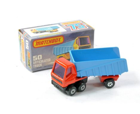 Matchbox Superfast No. 50b Articulated Truck. Red and Blue with black base, purple windows. Excellent in excellent K Type box