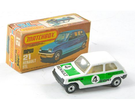 Matchbox Superfast No. 21c Renault 5TL. White and Green inc racing decal with tan interior but NOT to roof, charcoal / graphi