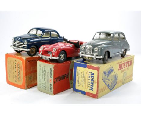 Trio of Battery Operated Classic Motor Cars comprising Victory Vauxhall and Austin Somerset plus Triang Triumph TR2. All look