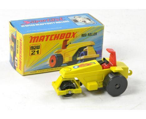 Matchbox Superfast No. 21b Rod Roller. Lemon yellow body with flame label, red seat, harder to find black plastic base, black
