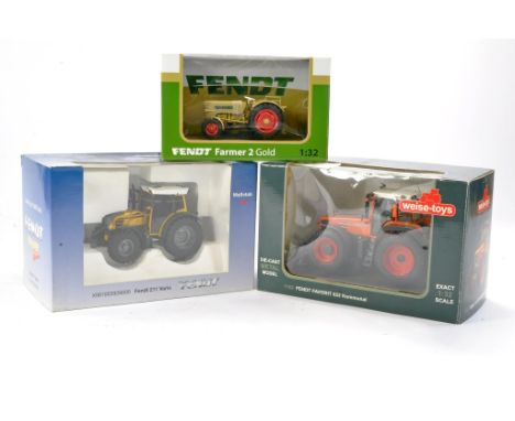 Universal Hobbies 1/32 farm issue comprising Fendt Farmer 2 in gold plus Schuco Fendt 211 Vario and Weise Toys Fendt Favourit