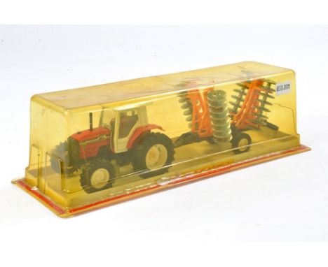 Guisval farm issue comprising Massey Ferguson Tractor and Implement Set. Excellent, secure in box, box with wear and fading t