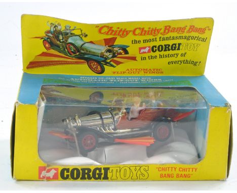 Corgi No. 266 Chitty  Bang Bang. Secured in box, complete with figures, no obvious sign of fault with good box, replacement c