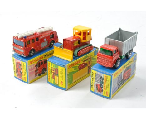Matchbox Superfast trio comprising No. 26 GMC Tipper Truck, No. 16 Case Tractor and No. 35 Merryweather Fire Engine. All gene