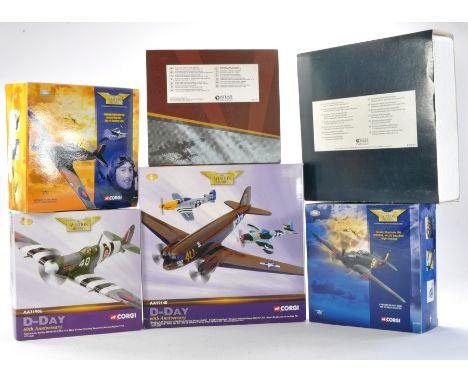 Corgi Diecast Model Aircraft comprising Hawker Hunter, Submarine Spitfire, Douglas C47 and Hawker Hurricane plus Atlas Vulcan
