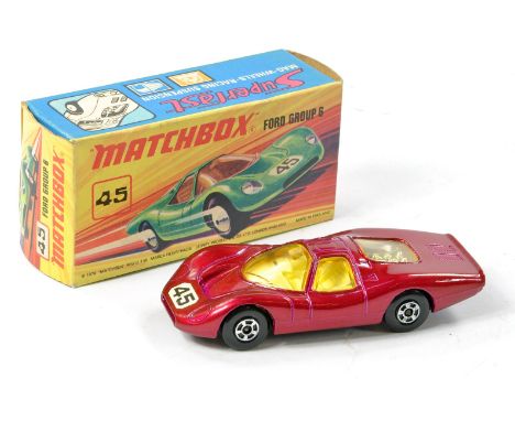 Matchbox Superfast No. 45a Ford Group 6. Metallic Burgundy with square racing no. 45. Ivory interior, gloss black base and pa