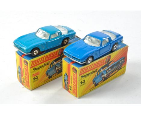 Matchbox Superfast No. No. 14a Iso Grifo x 2. Light and Darker Blue bodies, clear windows, off white interior, unpainted base