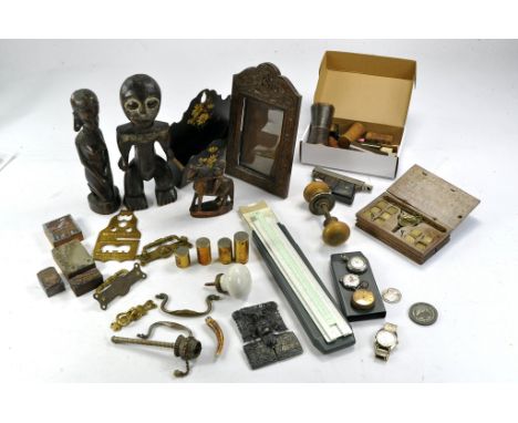 Eclectic vintage and antique collectable group comprising ancient themed wooden carved figures, brass metal door fittings, in