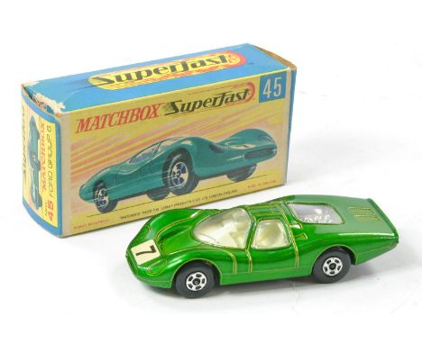 Matchbox Superfast No. 45a Ford Group 6. Metallic green with square racing no. 7. Ivory interior, gloss black base and clear 