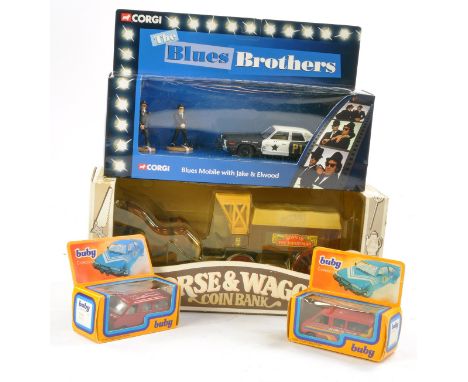 Diecast group to include Corgi Blues Brothers Set, Horse and Cart Coin Bank plus duo of Small Scale Buby Van issues in boxes.