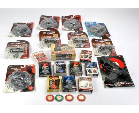 James Bond 007 comprising a number of unopened carded diecast issues from Corgi plus various card games, unused, as shown. 