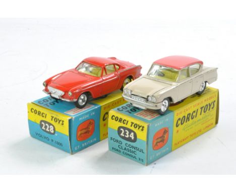 Corgi No. 234 Ford Consul Classic, Beige with Salmon Roof, lemon interior plus No. 228 Volvo P1800, red with lemon interior. 