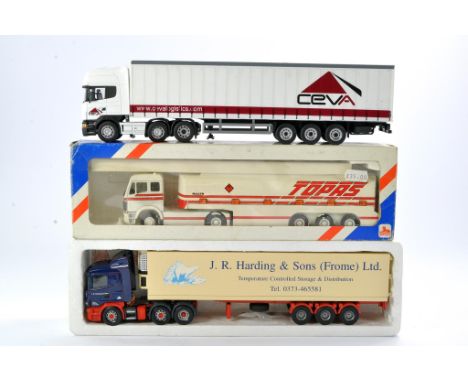 Diecast Model Truck Trio comprising CEVA Curtainside, Lion Toys Topas Tanker and Tekno Scania Fridge Trailer in livery of Har