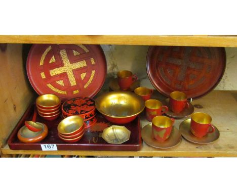 Various oriental lacquer cups and saucers and other lacquer items