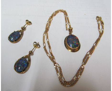 An opal pendant on 9ct chain 4.6gm and pair opal earrings