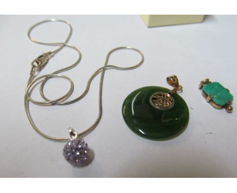A jade style pendant, green pendant and ball on chain
