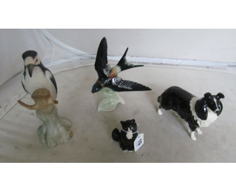 A Spode Greater Spotted Woodpecker, Goebbel Swallow, Beswick sheep dog and Beswick cat