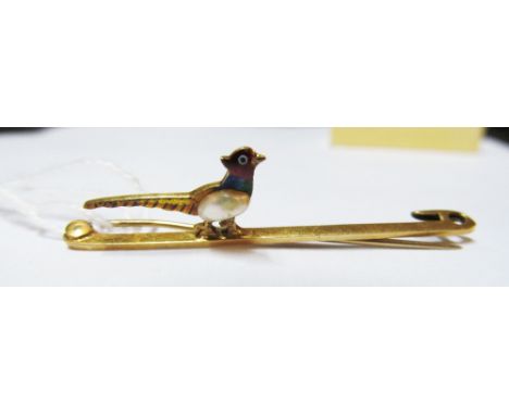 A 15ct gold bar brooch set pearl and enamel pheasant 2.8gm