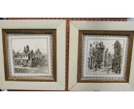 Three Minton 8" tiles architectural views L T Swetnam c1888