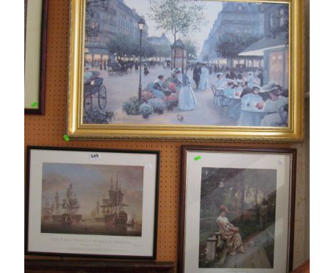 After C. Kieffer - a large print 'Evening Out', pair of Edwardian prints after Edmund Leighton and a print Five Ships Horatio