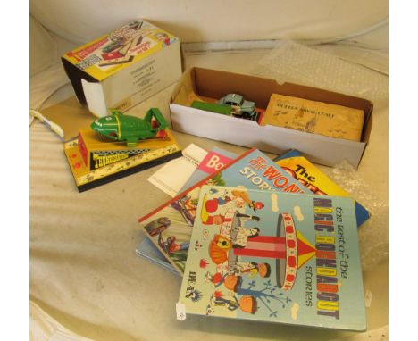 A Thunderbirds talking alarm clock (boxed), childrens annuals, toy cars etc