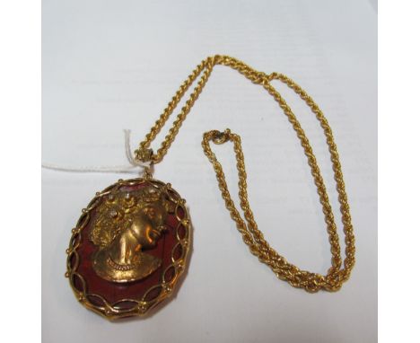 A pendant with ladies portrait on hardstone back with diamonds in her hair on chain, marked 750