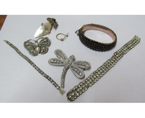 A pair marcasite earrings and other diamante and marcasite and garnet bangle