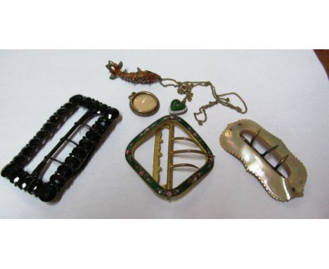 A heart enamel pendant, photo locket, 3 buckles and enamel fish