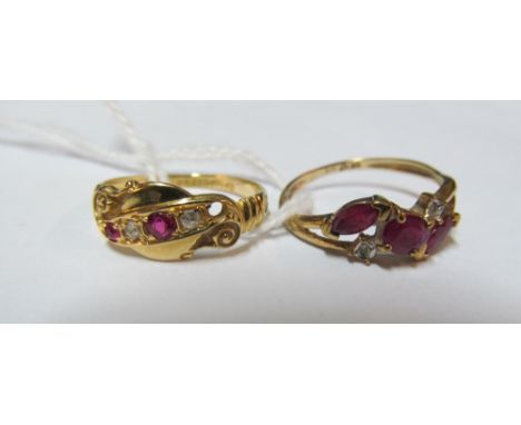 A ruby and diamond ring on 18ct band 2.1gm and another marked 9k, 1.2gm