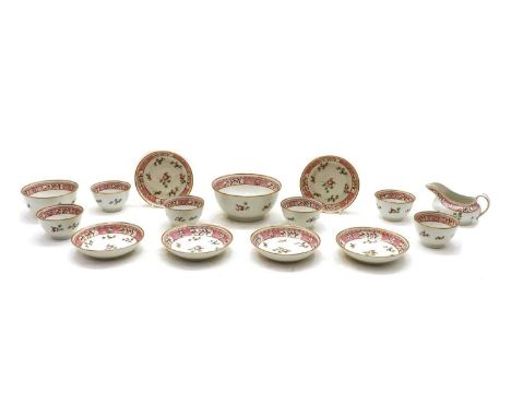A part 18th century porcelain tea service, probably Newhall, comprising 6 x tea bowls, 6 x saucers, 2 x bowls and a cream jug