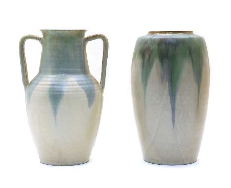 Two Upchurch pottery vases, both with a blue and green dripped glaze against a white ground, one of ovoid form, the other of 