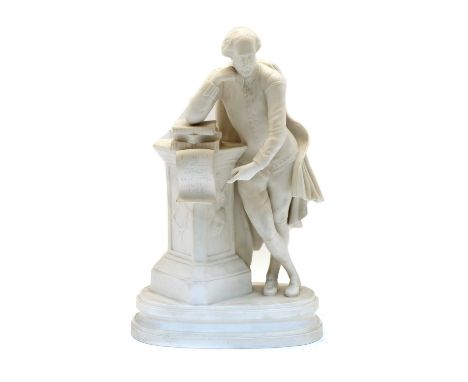A Victorian Parian ware figure of William Shakespeare, leant against a column, 35cm highCondition report: Nibbles to foot rim