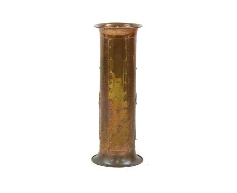 An Art Nouveau 'planished' copper stick stand, with pressed decoration and a weighted base, 66cm highCondition report: No obv