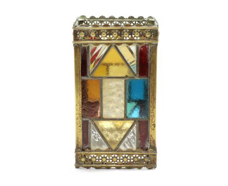 A small Victorian brass framed lantern with stained glass panels, of square section with pierced gallery and apron, complete 