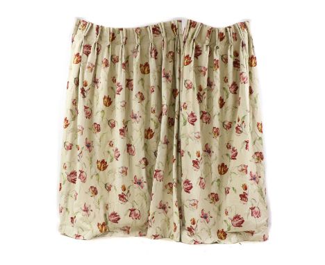 Five contemporary interlined curtains, with printed tulip designs, 215cm high, various widths, a collection of tiebacks and o