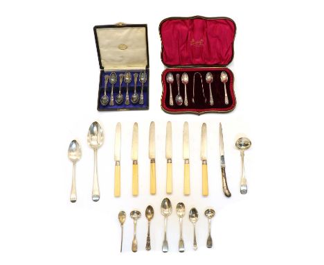 A collection of silver flatware, to include a cased set of six teaspoons, by Docker &amp; Burn Ltd, another set of five cased