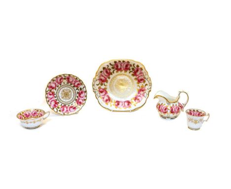 A collection of Victorian ‘Cabbage Rose’ porcelain tea wares, attributed to Spode, to include twelve teacups, 12cm wide, twel