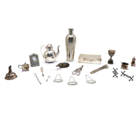 A collection of silver and plated items, comprising three silver decanter labels, Port, Whisky and Brandy, C.J. Vander Ltd, L