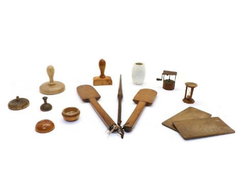 Antique butter related items, including a boxwood and glass picnic butter dish, a Mauchline ware egg timer, a pepper grinder 