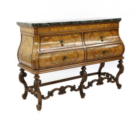 A walnut and marquetry inlaid bombe commode in the 18th-century taste, 20th century, the rectangular serpentine marble top wi