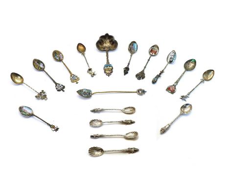 A collection of seventeen silver, silver plated and enamelled souvenir spoons, to include a sifter spoon, with Canada crest, 
