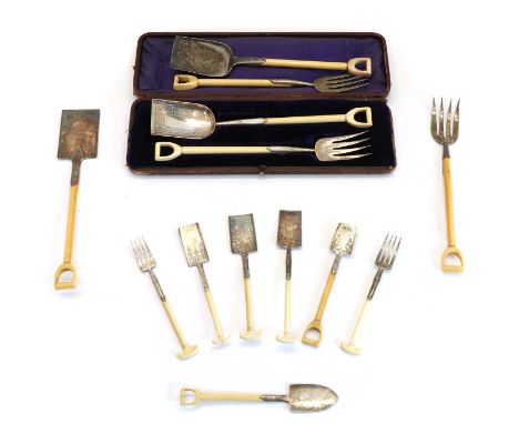 Various ivory and silver plated serving cutlery as garden tools, comprising: two larger pairs, probably for salad, one cased,