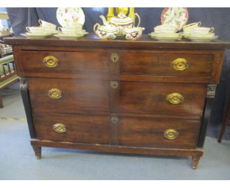 A 19th century French three drawer commode having graduated drawers, lacquered pillars and tapered legs, 89.5cm h x 127cm wLo