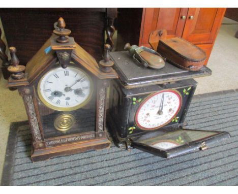 A set of Victorian Belmont mirrored scales together with an American mantel clock and a monocular binocular in a leather case