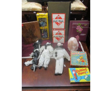 A selection of vintage games and other items to include an early 20th century wooden blotter decorated with a pyrography desi