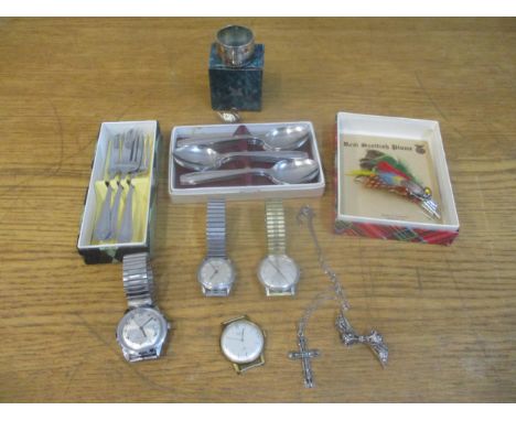 A mixed lot of costume jewellery, wristwatches and other items to include a marcasite silver cross pendant on chain, and a ma