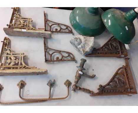 Mixed architectural and interior salvage items to include metal brackets and two green enamelled ceiling lightsLocation: 3:2 