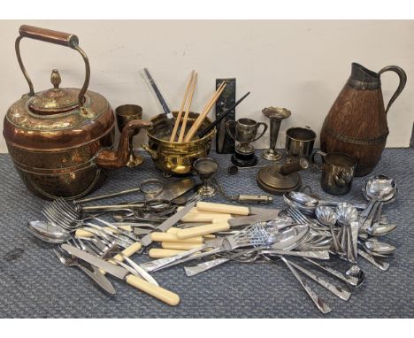 Mixed metalware to include a Moroccan style copper kettle, a silver decanter ladle, miniature silver plate trophies and cups 
