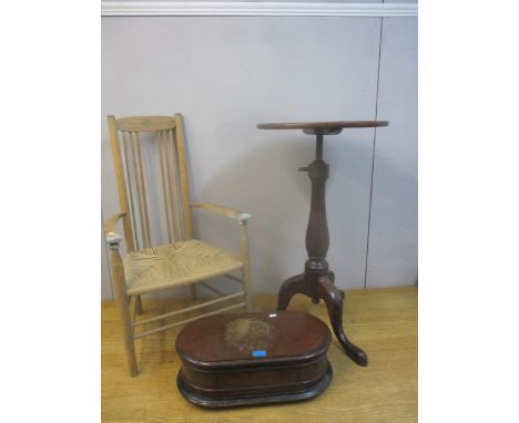 Small furniture to include a Victorian mahogany pedestal table with rising circular top, aesthetic period beech open armchair